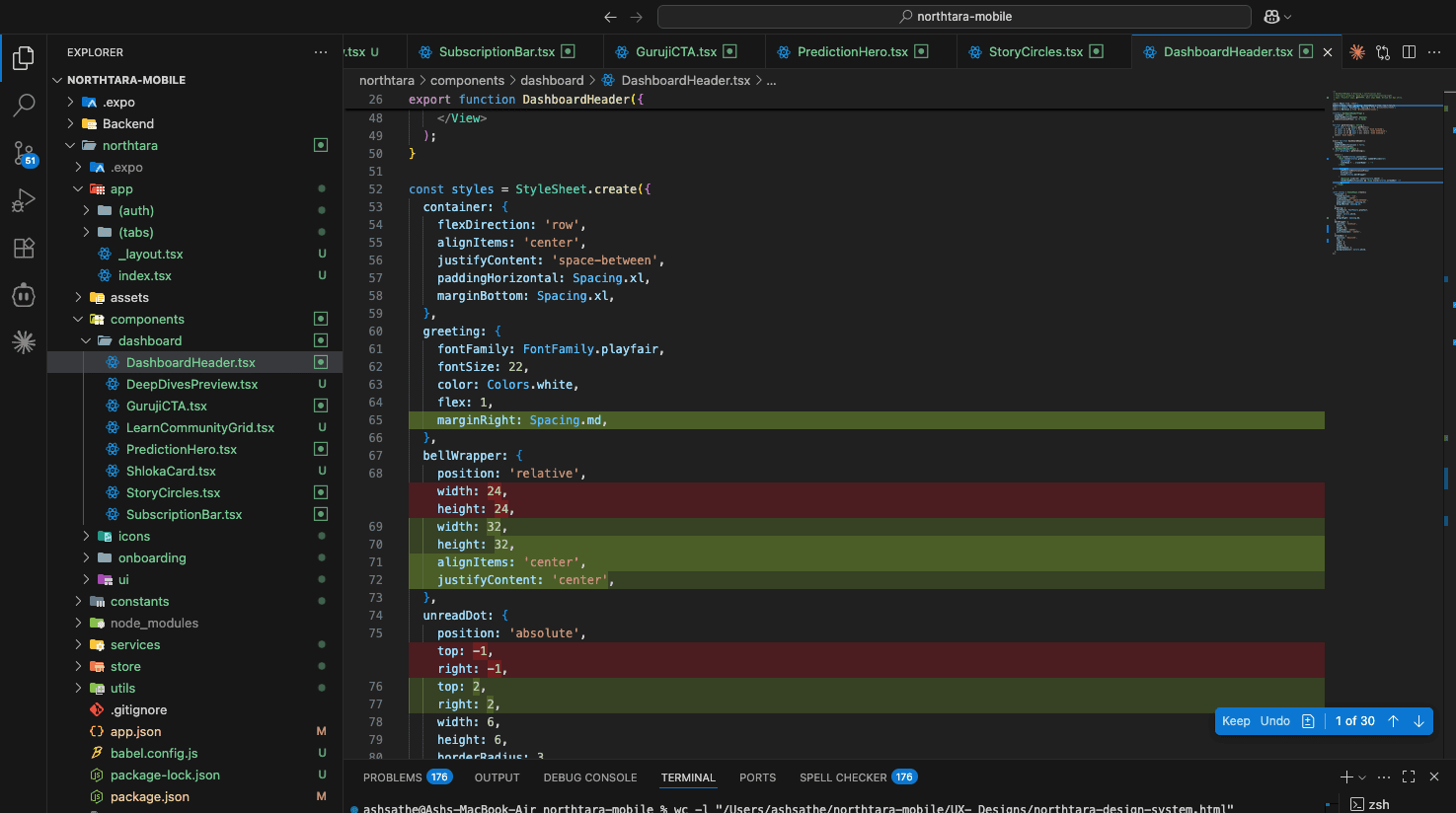 Supplied VS Code screenshot showing Northtara dashboard component work