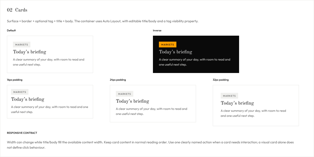 Cards: shared structure with tone, padding and editable content.