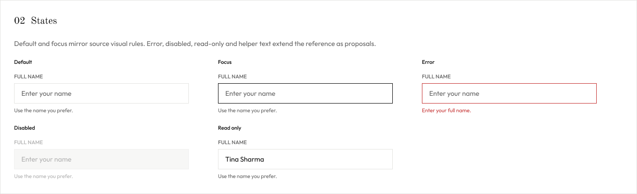 Form field states, documented in the Figma library.